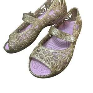 CROCS Isabella Jelly Mary Jane Sandals Flower, silver Glitter, Toddler Girl Sz 9